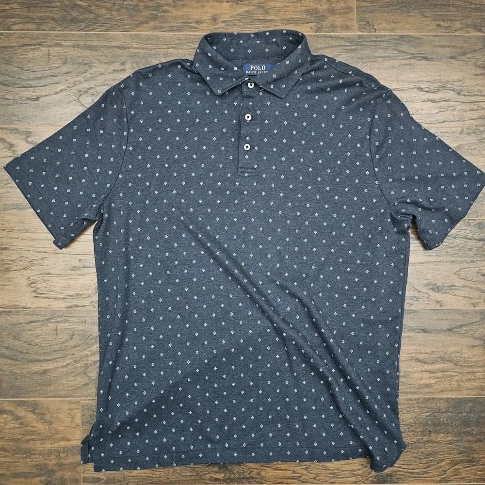 Polo Ralph Lauren Mens‎ Medium Shirt Blue Geometric Print Short Sleeve Stretch